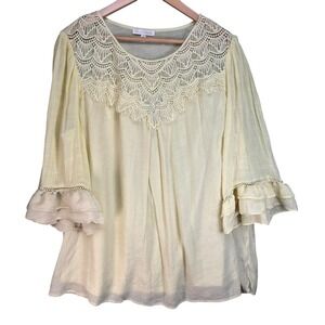Fig + Flower Cream Crochet Lace Yoke Ruffle Bell Sleeve Boho Blouse 3X